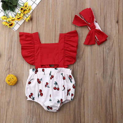 2pcs Newborn Baby Girl Ruffle Cherry Print Bodysuits Headband Sunsuit Outfits Summer Clothes